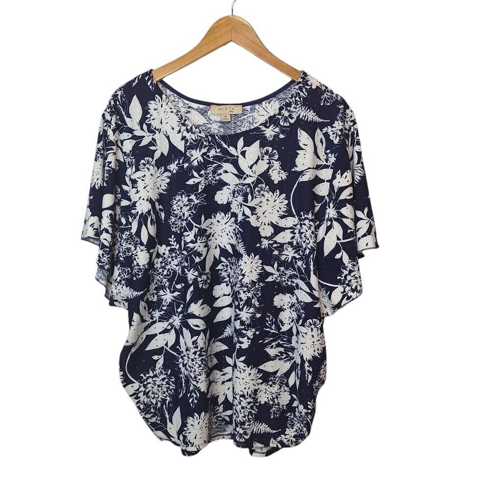 Misia Curvy Top Navy Blue White Floral Short Sleeve Ruched Hem Womens Plus 2X
